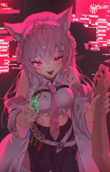  absurdres animal_ear_fluff animal_ears antenna_hair breasts crop_top english_text female glitch glowing glowing_eyes hair_ornament hairclip hakui_koyori hakui_koyori_(1st_costume) highres holding holding_another&#039;s_wrist holding_syringe hololive long_hair looking_at_viewer medium_breasts mont_blanca necktie open_mouth pink_eyes pink_hair smile solo syringe tail virtual_youtuber wolf_ears wolf_girl wolf_tail 