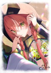  absurdres alisa_alice braid cropped_jacket earrings female green_eyes highres hood hood_up hooded_jacket jacket jewelry long_hair long_sleeves nijisanji orange_hair pants shishido_akari shishido_akari_(1st_costume) solo twin_braids virtual_youtuber white_pants 