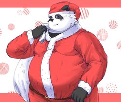  2023 absurd_res anthro bari_mu bear belly big_belly black_body black_nose christmas christmas_clothing christmas_headwear clothing costume giant_panda hat headgear headwear hi_res holidays kemono male mammal overweight overweight_male santa_costume santa_hat simple_background solo white_body 