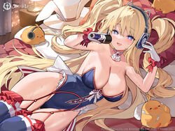  absurdres animal_ear_headphones animal_ears asmr azur_lane bird blonde_hair blue_eyes blue_leotard blue_thighhighs breasts chick commentary_request copyright_name curtains fake_animal_ears female frilled_gloves frilled_leotard frills glint gloves guam_(azur_lane) guam_(stage-setting_charmer)_(azur_lane) hair_between_eyes hands_up hat head_on_pillow headphones highleg highleg_leotard highres holding holding_microphone indoors lamp large_breasts leotard long_hair looking_at_viewer lying manjuu_(azur_lane) mendou_kusai microphone official_alternate_costume official_art on_side open_mouth pillow pink_eyes promotional_art ribbon second-party_source star-shaped_pupils star_(symbol) strapless strapless_leotard sweat symbol-shaped_pupils thigh_gap thighhighs thighs tongue two_side_up unworn_hat unworn_headwear very_long_hair white_gloves white_headwear white_ribbon window wireless_microphone 