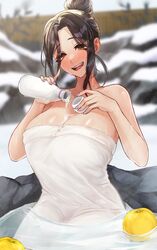  alcohol bare_shoulders bath bathing blush bottle breasts brown_hair bust_cup cleavage collarbone covering_privates cup female hair_over_one_eye highres holding large_breasts long_hair looking_at_viewer mole mole_on_neck naked_towel nekotokage nijisanji nude_cover onsen open_mouth orange_eyes partially_submerged pouring pouring_onto_self rock sake sake_bottle shirayuki_tomoe sitting smile solo towel virtual_youtuber water wet wet_towel white_towel 