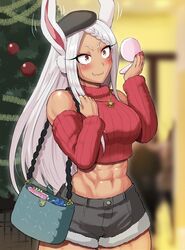  abs animal_ears bag bare_shoulders beret black_hat black_shorts blurry blurry_background blush boku_no_hero_academia book box braid braided_bangs breasts christmas_tree clenched_hand crop_top cropped_sweater dark-skinned_female dark_skin detached_sleeves female gift gift_box hands_up harurukan hat holding holding_bag holding_compact jewelry large_breasts long_eyelashes long_hair looking_at_object midriff mirko muscular muscular_female nail_polish navel necklace parted_bangs pendant rabbit_ears rabbit_girl red_eyes red_nails red_sleeves red_sweater ribbed_sleeves ribbed_sweater short_shorts shorts solo sweater thighs turtleneck turtleneck_sweater very_long_hair wavy_mouth white_hair 