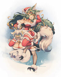  2girls animal_ears bit_gag black_footwear black_gloves blue_hair breasts christmas cleavage commentary_request fake_antlers gag gagged gloves green_eyes green_hair hat kuromiya kuromiya_raika_(kuromiya) large_breasts long_sleeves multicolored_hair multiple_girls open_mouth orange_hair original pony_play red_headwear red_thighhighs riding santa_costume santa_hat shiromiya_asuka_(kuromiya) sitting sitting_on_person snow stirrups_(riding) tail thighhighs twitter_username two-tone_hair white_hair 