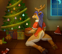  antlers biped blue_hair christmas clothed clothing cloven_hooves countershade_face countershade_fur countershade_legs countershade_neck countershade_tail countershading deer exposure_variation female fengyue680 fingers fur hair hi_res holidays hooves horn mammal new_world_deer partially_clothed rear_view reindeer scut_tail shaded short_tail solo tail tan_body tan_fur white_body white_countershading white_fur 