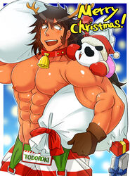  1boy abs animal_costume antlers bara bell blush christmas cowboy_shot creature dark-skinned_male dark_skin falling forked_eyebrows horns huge_eyebrows large_pectorals long_hair long_sideburns male_focus merry_christmas muscular muscular_male neck_bell nipples osu!_banchou panda pectorals red_headwear reindeer_antlers reindeer_costume sanpaku shiny_skin sideburns solo spiked_hair sugo6969 todoroki_kongou torn_bag 