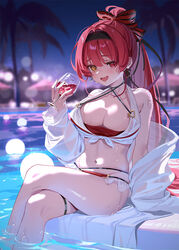  alcohol bikini breasts cleavage collarbone crossed_legs cup drinking_glass female heterochromia highres holding holding_cup hololive houshou_marine large_breasts long_hair long_sleeves navel night night_sky open_clothes open_mouth outdoors palm_tree ponytail pool red_bikini red_eyes red_hair ruiuncle sitting sky smile solo swimsuit thigh_strap tree virtual_youtuber wide_sleeves wine wine_glass yellow_eyes 