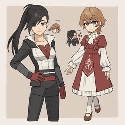  2girls black_hair blonde_hair blue_eyes brown_footwear clive_rosfield dress final_fantasy final_fantasy_xvi frilled_sleeves frills genderswap_(mtf) gloves hair_over_one_eye hand_on_own_hip heart highres joshua_rosfield looking_at_viewer multiple_girls ninjin_maqui ponytail red_gloves rule_63 short_hair siblings sisters socks white_socks 