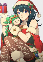  bare_shoulders blue_eyes blue_hair breasts byleth_(female)_(fire_emblem) byleth_(female)_(frosty_professor)_(fire_emblem) byleth_(fire_emblem) character_doll christmas commentary_request feet_out_of_frame female fire_emblem fire_emblem:_three_houses fire_emblem_heroes fur-trimmed_gloves fur_trim gloves grey_background hand_up hat highres long_hair looking_at_viewer off-shoulder_shirt off_shoulder official_alternate_costume pantyhose peach11_01 red_hat santa_hat shirt short_sleeves simple_background sitting smile solo sothis_(fire_emblem) thighs white_gloves 