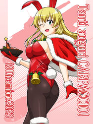  animal_ears ass bell black_pantyhose blonde_hair bowl breasts capelet carpaccio_(girls_und_panzer) character_name christmas commentary dated fake_animal_ears fake_tail female from_side fur-trimmed_capelet fur-trimmed_gloves fur-trimmed_thighhighs fur_trim girls_und_panzer gloves green_eyes highres holding holding_bowl holly hood hood_down hooded_capelet italian_commentary italian_text leotard long_hair looking_at_viewer medium_breasts military_vehicle mixed-language_commentary motor_vehicle one_eye_closed oosaka_kanagawa open_mouth pantyhose playboy_bunny rabbit_ears rabbit_tail red_capelet red_gloves red_leotard semovente_75/18 smile solo standing star_(symbol) strapless strapless_leotard tail tank thighhighs three_quarter_view translated 