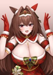  absurdres animal_ears blush breasts brown_hair christmas commentary_request daiwa_scarlet_(scarlet_nuit_etoile)_(umamusume) daiwa_scarlet_(umamusume) female gloves gradient_background hair_intakes hands_up highres horse_ears horse_girl large_breasts long_hair looking_at_viewer oerba_yun_fang official_alternate_costume open_mouth purple_eyes red_gloves simple_background skin_fang smile tiara ueyama_0clock umamusume upper_body 