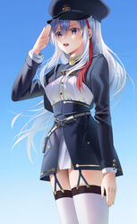  86_-eightysix- absurdres belt black_garter_straps blue_background blue_eyes blue_hair blue_jacket breasts cropped_jacket educk female framed_breasts garter_straps hair_between_eyes hat highres jacket long_hair long_sleeves medium_breasts military_hat military_jacket military_uniform multicolored_hair open_mouth red_hair salute shirt simple_background solo streaked_hair thighhighs two-tone_hair uniform very_long_hair vladilena_millize white_belt white_shirt white_thighhighs zettai_ryouiki 