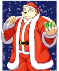  absurd_res anthro bear christmas christmas_clothing christmas_headwear cigarette clothing costume eyebrows eyewear fur glasses hat headgear headwear hi_res holidays leib_(tas) lifewonders male mammal polar_bear ruoain santa_costume santa_hat smoking solo thick_eyebrows tokyo_afterschool_summoners ursine white_body white_fur 