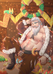  1boy absurdres bara bare_pectorals beard belly bulge christmas christmas_wreath cross-laced_clothes cross-laced_legwear dwarf facial_hair foot_out_of_frame full_beard hat highres huge_eyebrows large_pectorals leng_xiaoyu long_beard male_focus mature_male moustache muscular muscular_male nipples old old_man original pectorals plump pointy_ears red_hat santa_costume santa_hat short_hair sitting solo textless_version thick_chest_hair thick_navel_hair white_hair wreath 