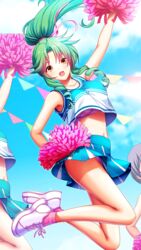  :d bare_arms bare_legs blue_skirt blue_sky bra cheerleader crop_top day doukyuusei doukyuusei_another_world female floating_hair full_body game_cg green_hair hair_ribbon jumping legs_up long_hair looking_at_viewer midriff miniskirt official_art open_mouth outdoors panties pink_bra pink_panties pink_ribbon pink_socks pleated_skirt pom_pom_(cheerleading) ponytail ribbon sakuma_chiharu skirt sky smile socks solo_focus stomach underwear white_footwear yellow_eyes 