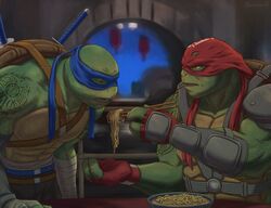  anthro baraturts biceps duo food green_body leonardo_(tmnt) male muscular muscular_anthro muscular_male noodles raphael_(tmnt) reptile scales scalie shell tattoo teenage_mutant_ninja_turtles teenage_mutant_ninja_turtles_(2014) turtle turtle_shell 