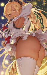  ass blonde_hair braid braided_ponytail breasts christmas commentary_request dark-skinned_female dark_skin female granblue_fantasy green_hair helel_ben_shalem helel_ben_shalem_(holiday)_(granblue_fantasy) highres long_hair looking_at_viewer medium_breasts multicolored_hair orange_eyes pacifier red_hair snowman solo standing sweater thick_thighs thighhighs thighs very_long_hair white_sweater white_thighhighs yasojima_nejiro 