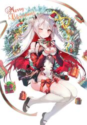  ;) absurdres ahoge bare_shoulders black_footwear blurry blush bow box breasts choker christmas christmas_ornaments christmas_wreath closed_mouth colored_inner_hair commentary curvy demon_girl demon_horns demon_tail demon_wings depth_of_field detached_sleeves eyelashes female floating_hair frilled_choker frills full_body fur-trimmed_sleeves fur_trim gift gift_box grey_hair hair_intakes hairbow hands_up happy hat heart highleg highleg_leotard highres horns knees_together_feet_apart large_breasts leotard long_hair long_ribbon looking_at_viewer mary_janes merry_christmas mini_hat multicolored_hair nail_polish nekojita_(ika_neko46) one_eye_closed original pom_pom_(clothes) red_bow red_eyes red_hair red_nails red_wings ribbon santa_hat shoes simple_background skindentation sleeves_past_wrists smile solo symbol-only_commentary tail thigh_strap thighhighs thighs two-tone_leotard two_side_up very_long_hair white_background white_bow white_choker white_leotard white_thighhighs wings wreath yellow_ribbon 