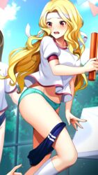  blonde_hair blue_buruma blush buruma buruma_pull clothes_pull day doukyuusei_another_world embarrassed female floating_hair game_cg green_panties groin headband holding kakyuusei kneehighs long_hair midriff navel official_art open_mouth outdoors panties red_eyes running shindou_reiko socks solo_focus stomach underwear very_long_hair wavy_mouth white_headband white_socks 