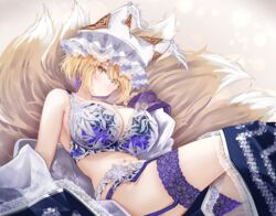  animal_ears blonde_hair blue_bra blush bra breasts cleavage closed_mouth dress female fox_ears fox_tail hat highres large_breasts looking_at_viewer mob_cap multiple_tails navel sarasadou_dan short_hair solo tail touhou underwear unworn_dress white_dress white_hat yakumo_ran yellow_eyes 