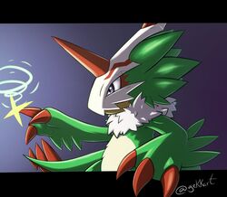  anthro bandai_namco claws digimon digimon_liberator digital_media_(artwork) digital_painting_(artwork) feathers gekkart green_body green_feathers grey_eyes hi_res horn male mask pteromon solo wings 