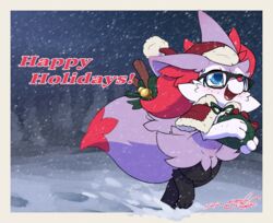  blue_eyes braixen christmas christmas_clothing christmas_headwear clothing eyewear freckles generation_6_pokemon gift gingy_(gingy_k_fox) gingy_k_fox glasses happy_holidays hat headgear headwear holidays nintendo pokemon pokemon_(species) santa_hat solo 