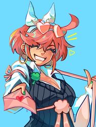  ahoge alternate_costume blue_background blush borcheim breasts clover earrings elphelt_valentine eyewear_on_head female four-leaf_clover green_nails grin guilty_gear guilty_gear_xrd hairband heart heart-shaped_eyewear highres hoop_earrings huge_ahoge jewelry large_breasts long_sleeves looking_at_viewer mole mole_under_eye pink_hair short_hair smile upper_body white_hairband 