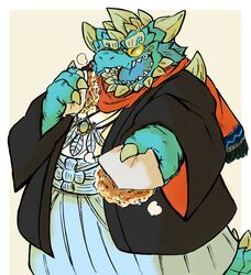  anthro asian_clothing cipactli_(tas) clothing dragon east_asian_clothing eating eyebrows food horn japanese_clothing kimono lifewonders male mythological_creature mythological_scalie mythology offering_food okonomiyaki okudami overweight scalie solo thick_eyebrows tokyo_afterschool_summoners 