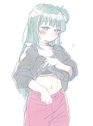  averting_eyes black_shirt black_sports_bra blue_eyes blush cha_ipride choker closed_mouth clothes_lift clothes_pull collarbone cowboy_shot female flying_sweatdrops green_hair half_updo highres idoly_pride komiyama_ai looking_down multicolored_hair navel one_side_up pants pants_pull pink_hair pink_pants shirt shirt_lift simple_background solo sports_bra stomach streaked_hair white_background wispy_bangs yoga_pants 