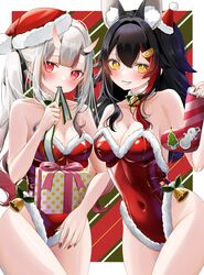  2girls alternate_costume animal_ears bare_shoulders black_hair blush breasts covered_navel detached_collar extra_ears fur-trimmed_leotard fur_trim grey_hair hat highleg highleg_leotard highres hololive horns leotard long_hair looking_at_viewer medium_breasts multicolored_hair multiple_girls nakiri_ayame ohagetty ookami_mio red_eyes red_hair red_leotard santa_hat skin-covered_horns small_breasts smile streaked_hair twintails two-tone_hair virtual_youtuber wolf_ears yellow_eyes 