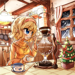  alice_margatroid alternate_costume blonde_hair blue_eyes blush breasts chair christmas_tree coffee_maker coffee_siphon commentary_request cup curtains eating female fifiruu frying_pan hairband indoors leaf long_sleeves medium_breasts orange_shirt saucer shirt short_hair sitting snow snowing solo spoon star_(symbol) sweater table tareme teacup touhou upper_body window winter 