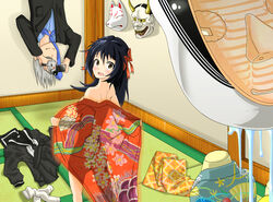  1boy black_hair blush bow breasts clothes_on_floor commentary_request dangling dressing drooling female flower grey_hair hair_ornament helmet_(trailblazer003) highres himeno_mikoto himuro_hitoshi holding japanese_clothes kaii_shoukougun kimono mask necktie noh_mask oni_mask open_mouth out_of_character red_bow saliva school_uniform serafuku shadow sidelocks skirt socks surprised video_camera yellow_eyes 