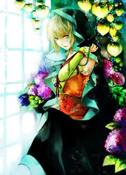  1boy apt arm_warmers bad_id bad_pixiv_id blonde_hair flower harukanaru_toki_no_naka_de harukanaru_toki_no_naka_de_3 heian highres hood hood_up hydrangea japanese_clothes leaf male_focus musashibou_benkei_(harukanaru_3) obi sash short_hair solo window yellow_eyes 