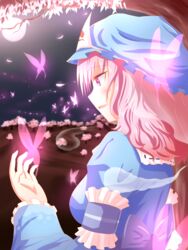  arm_garter bad_id bad_pixiv_id blue_kimono branch bug butterfly cherry_blossoms commentary female full_moon glowing hat highres hitodama japanese_clothes kimono mob_cap moon night open_hand open_mouth outdoors pink_eyes pink_hair profile saigyouji_yuyuko short_hair solo touhou tree triangular_headpiece ucukrtz 