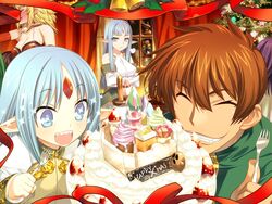  1boy 3girls alkanese_rize bare_shoulders blonde_hair blue_eyes blue_hair blush breast_hold breasts brown_hair cake christmas christmas_tree cleavage crossed_arms detached_sleeves dress elf father_and_daughter food forehead_jewel fork grin haniwa_(statue) hanny kalar_(race) medium_breasts mother_and_daughter multiple_girls orion_(orionproject) pastel_kalar pointy_ears rance rance_(series) rance_quest rance_quest_magnum reset_kalar sharp_teeth smile sparkle teeth thunder_claus 