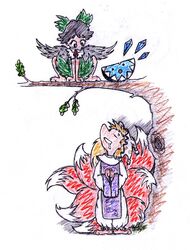  :o aesop&#039;s_fables blonde_hair bow branch cheese cirno colored_pencil_(medium) commentary dress english_commentary food fox_tail green_bow green_dress hat ice ice_wings in_tree long_sleeves looking_down looking_up mob_cap multiple_tails nest oak_leaf organis_(artist) pen_(medium) pun reiuji_utsuho russian_text saliva sitting sitting_in_tree tabard tail the_fox_and_the_crow touhou traditional_media tree wings yakumo_ran 