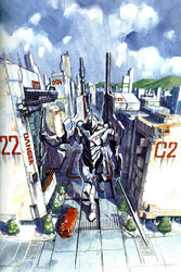  1990s_(style) alternate_color anno_hideaki building city cloud day energy_gun eva_01 evangelion_(mecha) gun highres holding holding_gun holding_polearm holding_weapon horns mecha mecha_focus mechanical_horns military military_vehicle motor_vehicle mountain neon_genesis_evangelion non-web_source official_art pallet_rifle_(evangelion) polearm production_art prototype_design retro_artstyle robot sadamoto_yoshiyuki scan science_fiction single_horn skyscraper spear traditional_media truck weapon yoshinari_you 