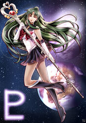  back_bow bishoujo_senshi_sailor_moon black_choker black_skirt boots bow brooch brown_bow choker commentary_request earrings elbow_gloves female full_body garnet_rod gloves green_hair hair_bun heart_wand holding holding_staff jewelry knee_boots long_hair magical_girl meiou_setsuna name_connection object_namesake pleated_skirt pluto_(planet) pluto_symbol red_eyes ribbon sailor_collar sailor_pluto sailor_senshi_uniform single_hair_bun skirt smile solo staff tiara very_long_hair white_gloves yuri_chikao 