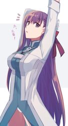  aoki_shizumi arm_up bb_(fate) bb_(fate/extra) character_name commentary_request cosplay cowboy_shot fate/extra fate/extra_ccc fate/grand_order fate_(series) female gloves hair_ribbon lanyard long_hair long_sleeves looking_at_viewer name_tag open_mouth panties purple_eyes purple_hair red_ribbon ribbon romani_archaman romani_archaman_(cosplay) solo stretching translated underwear very_long_hair white_gloves white_panties 