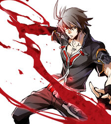  1boy asymmetrical_gloves blazblue blazblue:_bloodedge_experience blazblue:_central_fiction blood commentary_request gloves glowing glowing_eye grey_hair heterochromia kaneaki_mukku male_focus mismatched_gloves naoto_kurogane red_eyes solo 