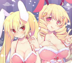  2girls animal_ears bad_id bad_pixiv_id blonde_hair blush breast_suppress breasts hand_on_own_chest heart heart-shaped_pupils inose_riku large_breasts licking_lips long_hair looking_at_viewer multiple_girls original rabbit_ears red_eyes smile symbol-shaped_pupils tongue tongue_out twintails v 