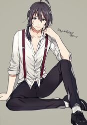  1boy ahoge brown_hair collarbone commentary_request dress_shirt grey_background hoshimaru_daichi idolmaster idolmaster_side-m male_focus producer_(idolmaster) producer_(idolmaster_side-m_anime) shirt simple_background sitting solo spread_legs suspenders 