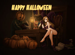  1boy ankle_boots bare_shoulders blonde_hair book boots bottle breasts candle candlelight carrying cleavage commentary_request crossed_legs deneb_rove drawdragon dress female gloves halloween happy_halloween hat holding holding_smoking_pipe indoors inkwell jack-o&#039;-lantern lamp large_breasts leaning_forward legs long_hair looking_at_another microdress open_book pumpkin pumpkinhead_(ogre_battle) purple_dress purple_footwear purple_gloves purple_hat quill scroll shelf single_boot sitting smile smoking smoking_pipe strapless strapless_dress table tactics_ogre taut_clothes taut_dress thighs toes tunic unworn_boots witch witch_hat yellow_eyes 