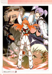  3boys 3girls absurdres ahoge blush bodysuit buster_machine_7 casio_takashirou dark_skin diebuster dix-neuf highres kantoku lal&#039;c_mellk_mal long_hair multiple_boys multiple_girls nichola_vacheron nono nono_(top_wo_nerae_2!) orange_hair purple_hair red_eyes scarf short_hair top_wo_nerae_2! twintails tycho_science white_hair yellow_eyes 