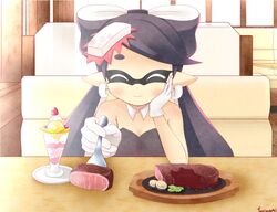  ^_^ aliasing bare_shoulders black_hair blush bow callie_(splatoon) closed_eyes commentary_request detached_collar earrings facing_viewer feeding female food food_on_head fork gloves hair_ornament hairbow hand_on_own_cheek hand_on_own_face head_rest hinata_mirun holding holding_fork ice_cream incoming_food indoors inkling jewelry long_hair meat mole mole_under_eye object_on_head parfait plate pointy_ears pov_across_table restaurant saucer signature sitting smile solo splatoon_(series) splatoon_1 strapless swept_bangs table tentacle_hair whipped_cream white_gloves 