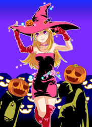  2boys asymmetrical_gloves bare_shoulders bat_(animal) blonde_hair boots candy choker commentary_request deneb_rove dress earrings elbow_gloves female fingerless_gloves floating_lights food gloves glowing glowing_eyes glowing_mouth hat jack-o&#039;-lantern jewelry leg_lift lollipop long_hair microdress multiple_boys night pumpkin pumpkinhead_(ogre_battle) purple_dress purple_eyes purple_footwear purple_gloves purple_hat star_(symbol) strapless strapless_dress tactics_ogre thigh_boots thighhighs tunic tyano uneven_gloves witch witch_hat zettai_ryouiki 