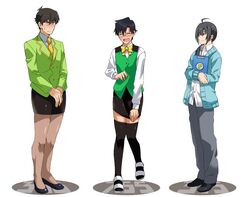  3boys ahoge bad_id bad_twitter_id black_hair black_legwear blush cardigan clipboard closed_eyes cosplay cowlick crossdressing embarrassed full_body idolmaster idolmaster_(classic) idolmaster_cinderella_girls idolmaster_side-m male_focus multiple_boys otonashi_kotori otonashi_kotori_(cosplay) pants pantyhose pencil_skirt producer_(idolmaster) producer_(idolmaster_anime) producer_(idolmaster_cinderella_girls_anime) producer_(idolmaster_side-m_anime) ribbon senkawa_chihiro senkawa_chihiro_(cosplay) shirahata simple_background skirt thighhighs vest white_background yamamura_ken yamamura_ken_(cosplay) yellow_ribbon zettai_ryouiki 