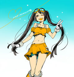  arancia black_hair blush boots commentary_request female gloves goggles heart long_hair midriff miniskirt navel one_eye_closed open_mouth orange_eyes orange_skirt original skirt solo twintails yoruai 