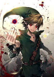  1boy alternate_universe artist_name bad_end ben_drowned black_sclera blonde_hair blood blood_from_eyes blood_splatter collarbone colored_sclera commentary_request corruption creepypasta cuffs fairy fairy_wings green_hat hat highres horror_(theme) kawacy link looking_at_viewer male_focus phrygian_cap pointy_ears red_eyes shackles smile solo splatter tael tatl tears teeth the_legend_of_zelda the_legend_of_zelda:_majora&#039;s_mask wings 