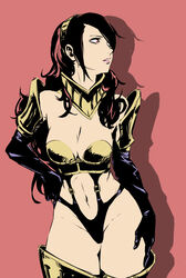  armor ass_visible_through_thighs bikini_armor commentary contrapposto female flat_color high-cut_armor_(persona) highres imdsound kirijou_mitsuru limited_palette lips long_hair navel persona persona_3 silhouette solo standing 