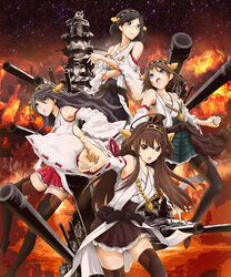  4girls bare_shoulders battleship black_hair black_pantyhose black_thighhighs blouse blue_eyes boranchi brown_eyes brown_hair cannon commentary_request detached_sleeves double_bun glasses green-framed_eyewear hair_bun hair_ornament hairband hairclip haruna_(kancolle) headgear hiei_(kancolle) highres japanese_clothes kantai_collection kirishima_(kancolle) kongou_(battleship) kongou_(kancolle) long_hair military_vehicle multiple_girls nontraditional_miko open_mouth pantyhose photoshop_(medium) pointing ship shirt short_hair skirt thighhighs turret vehicle_and_personification warship watercraft 